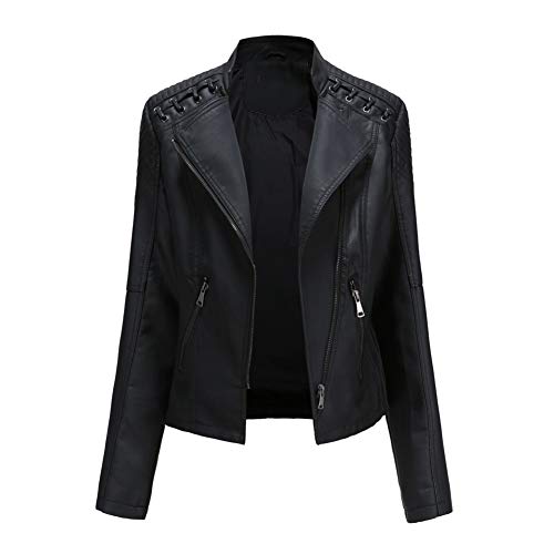 DISSA Damen Schwarz Kunstleder Motorrad Jacke Lederjacke Schlank Reißverschluss Stehkragen Kurz Mantel,48,P6638 von DISSA