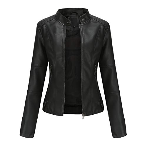 DISSA Damen Schwarz Kunstleder Motorrad Jacke Lederjacke Schlank Reißverschluss Stehkragen Kurz Mantel,48,PN767 von DISSA