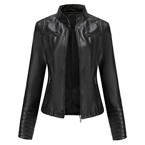 DISSA Damen Schwarz Kunstleder Motorrad Jacke Lederjacke Schlank Reißverschluss Stehkragen Kurz Mantel,40,PN788 von DISSA