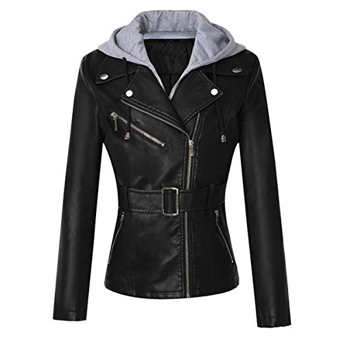 DISSA Damen Schwarz Kunstleder Motorrad Jacke Lederjacke Schlank Reißverschluss mit Kapuze Kurz Mantel,P151,L von DISSA