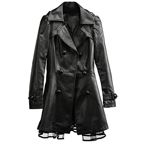 DISSA Damen Schwarz Kunstleder Trench Jacke Lederjacke Schlank Schaltfläche Revers Mittlere Länge Mantel,P1072,3XL von DISSA