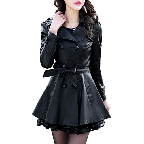 DISSA Damen Schwarz Kunstleder Trench Jacke Lederjacke Schlank Schaltfläche Revers Mittlere Länge Mantel,P730,M von DISSA