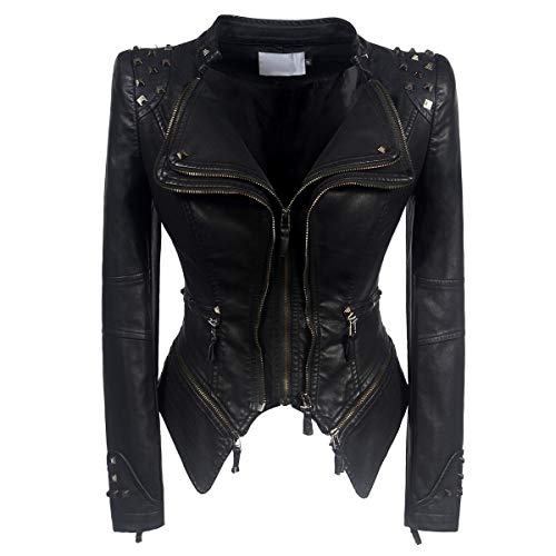 DISSA Damen Schwarz Lederjacke Kunstleder Bikerjacke mit Reißverschluss,P603,2XL von DISSA