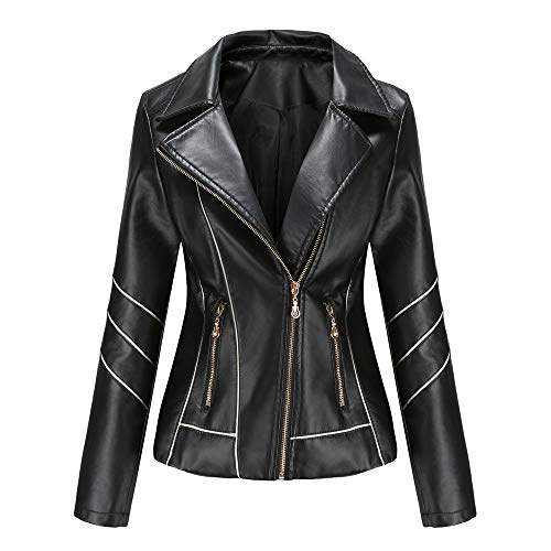 DISSA Damen Schwarz Lederjacke Schlank Kurz Kunstleder Revers Jacket Reißverschluss Motorrad Jacke für Frühling und Herbst,3XL,C256N von DISSA