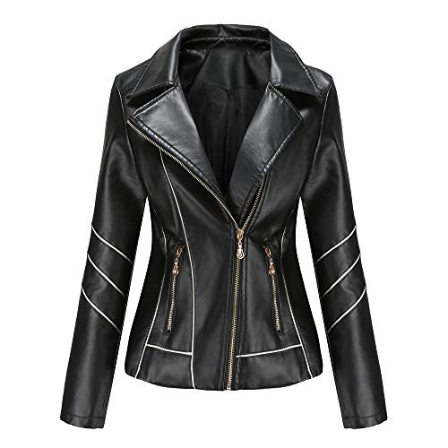 DISSA Damen Schwarz Lederjacke Schlank Kurz Kunstleder Revers Jacket Reißverschluss Motorrad Jacke für Frühling und Herbst,4XL,C256N von DISSA