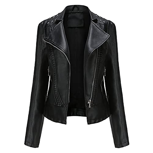 DISSA Damen Schwarz Lederjacke Schlank Kurz Kunstleder Revers Jacket Reißverschluss Motorrad Jacke für Frühling und Herbst,L,C08N von DISSA