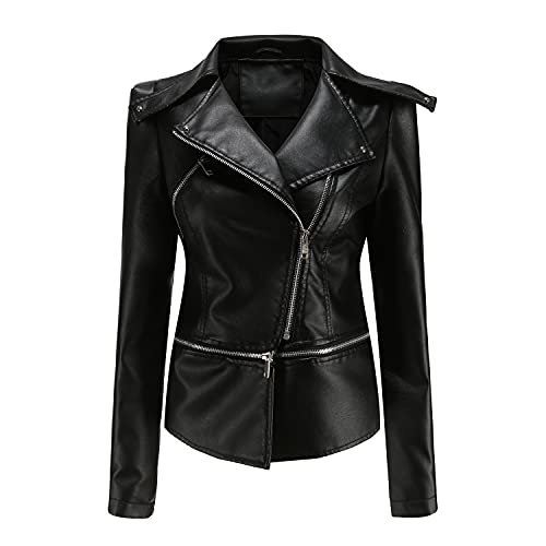 DISSA Damen Schwarz Lederjacke Schlank Kurz Kunstleder Revers Jacket Reißverschluss Motorrad Jacke für Frühling und Herbst,XL,C06N von DISSA