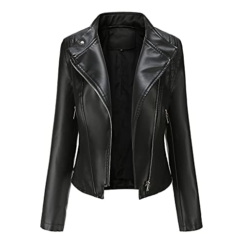 DISSA Damen Schwarz Lederjacke Schlank Kurz Kunstleder Revers Jacket Reißverschluss Motorrad Jacke für Frühling und Herbst,XXL,C5087N von DISSA