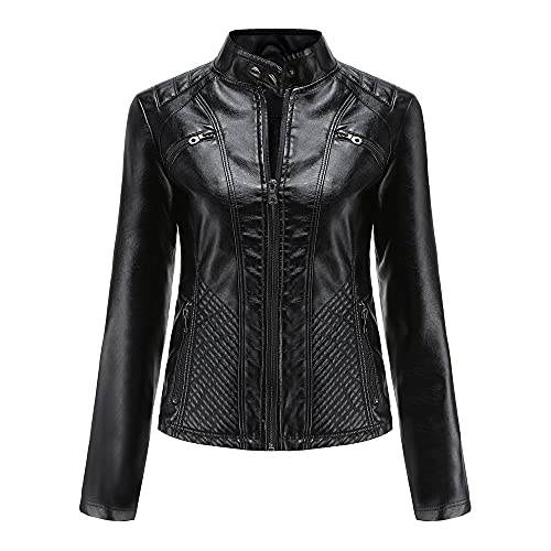 DISSA Damen Schwarz Lederjacke Schlank Kurz Kunstleder Stehkragen Jacket Reißverschluss Motorrad Jacke für Frühling und Herbst,3XL,C03N von DISSA