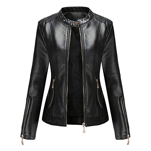 DISSA Damen Schwarz Lederjacke Schlank Kurz Kunstleder Stehkragen Jacket Reißverschluss Motorrad Jacke für Frühling und Herbst,4XL,C258N von DISSA