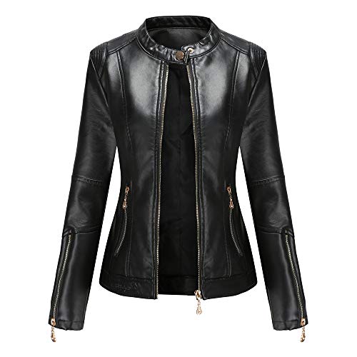 DISSA Damen Schwarz Lederjacke Schlank Kurz Kunstleder Stehkragen Jacket Reißverschluss Motorrad Jacke für Frühling und Herbst,M,C258N von DISSA