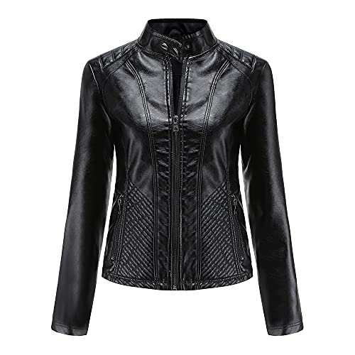 DISSA Damen Schwarz Lederjacke Schlank Kurz Kunstleder Stehkragen Jacket Reißverschluss Motorrad Jacke für Frühling und Herbst,XXL,C07N von DISSA