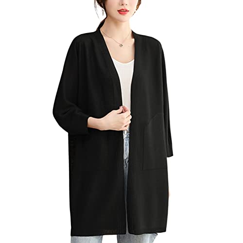 DISSA Damen Schwarz Leichter Midi Strickjacke Gestrickte Einfarbige Locker Cardigan Langarm V-Ausschnitt Offene Strickjacke,50,C6653 von DISSA