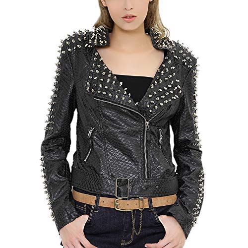 DISSA Damen Schwarz Nieten Lederjacke Kunstleder Bikerjacke mit Reißverschluss,P604,L von DISSA