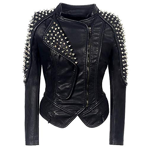 DISSA Damen Schwarz Nieten Lederjacke Kunstleder Bikerjacke mit Reißverschluss,P606,4XL von DISSA
