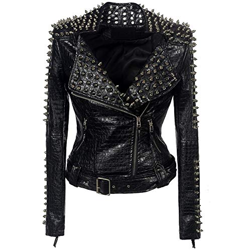 DISSA Damen Schwarz Nieten Lederjacke Kunstleder Bikerjacke mit Reißverschluss,P608,2XL von DISSA