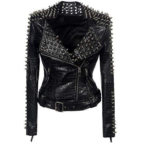 DISSA Damen Schwarz Nieten Lederjacke Kunstleder Bikerjacke mit Reißverschluss,P608,XL DISSA Damen Schwarz Nieten Lederjacke Kunstleder Bikerjacke mit Reißverschluss,P608,XL von DISSA