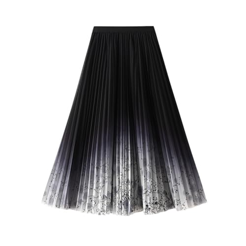 DISSA Damen Schwarz Plisseerock Bedruckter Schichten-Tüllrock Hoher Taillen Midirock,Einheitsgröße,SK898 von DISSA