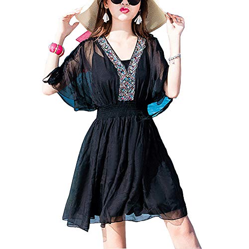 DISSA Damen Schwarz Seiden Kleid Kurzarm V-Ausschnitt Solide 100% Seiden Mini Seiden Kleid,D9923,L von DISSA