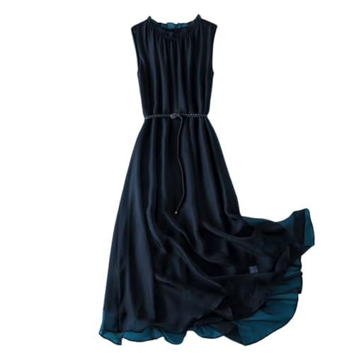DISSA Damen Schwarz Seidenkleid Einfarbiges Rundhals Ohne Arm 100% Seide Kleid Luftiges Hoch Taillierte Rüschen Knielanges Mulberry Seidenkleid,EU Einheitsgröße,D98003 von DISSA