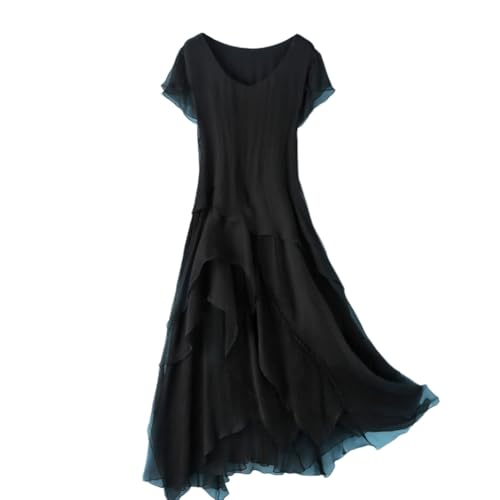 DISSA Damen Schwarz Seidenkleid Einfarbiges Rundhals Ohne Arm 100% Seide Kleid Luftiges Slim unregelmäßiges Knielanges Mulberry Seidenkleid,EU 42,D6608 von DISSA
