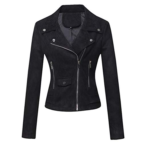 DISSA Damen Schwarz Wildleder Motorrad Jacke Lederjacke Schlank Reißverschluss Revers Kurz Mantel,P120-1,XXL von DISSA