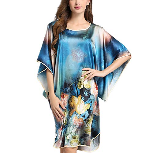 DISSA Damen Seide Nachtwäsche Nachthemd 100% Seide Bademantel Lose Seidenkleid Kurzarm S6011,Blau,One Size von DISSA