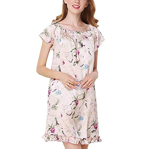 DISSA Damen Seide Nachtwäsche Nachthemd 100% Seide Bademantel mit Blumendruck Seidenkleid Kurzarm S2509,Rosa-2,XL von DISSA