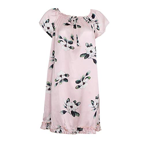DISSA Damen Seide Nachtwäsche Nachthemd 100% Seide Bademantel mit Blumendruck Seidenkleid Kurzarm S2509,Rosa-4,XL von DISSA