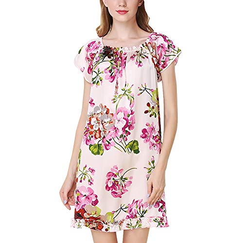 DISSA Damen Seide Nachtwäsche Nachthemd 100% Seide Bademantel mit Blumendruck Seidenkleid Kurzarm S2509,Violett-2,L von DISSA