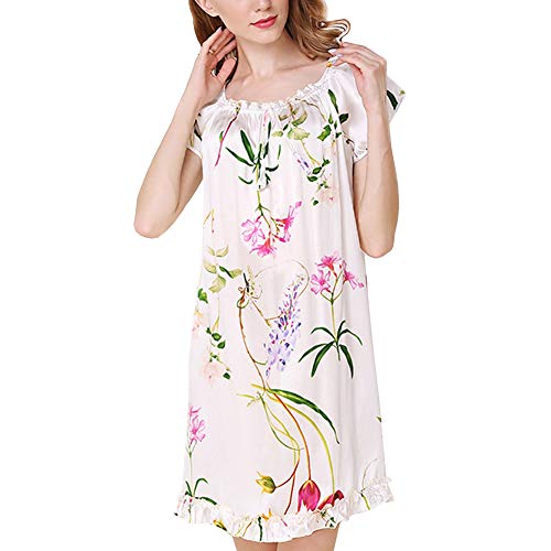 DISSA Damen Seide Nachtwäsche Nachthemd 100% Seide Bademantel mit Blumendruck Seidenkleid Kurzarm S2509,Weiß-1,XL von DISSA