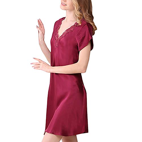 DISSA Damen Seide Nachtwäsche Nachthemd 100% Seide Bademantel mit Spitze Seidenkleid Kurzarm S2501,Rot,L von DISSA