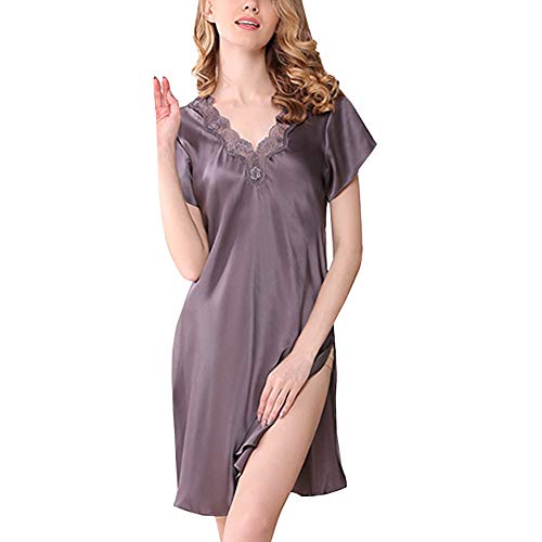 DISSA Damen Seide Nachtwäsche Nachthemd 100% Seide Bademantel mit Spitze Seidenkleid Kurzarm S2501,Violett,XL von DISSA