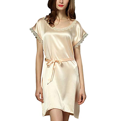 DISSA Damen Seide Nachtwäsche Nachthemd 100% Seide Bademantel mit Spitze Seidenkleid Kurzarm S5508,Beige,One Size von DISSA