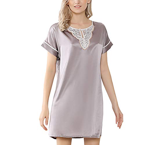 DISSA Damen Seide Nachtwäsche Nachthemd 100% Seide Bademantel mit Spitze Seidenkleid Kurzarm S5636,Grau,L von DISSA