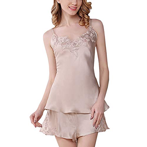 DISSA Damen Seide Nachtwäsche Nachthemd 100% Seide Bestickt Spaghetti Seidenkleid Ohne Arm T2106,Beige,XXL von DISSA