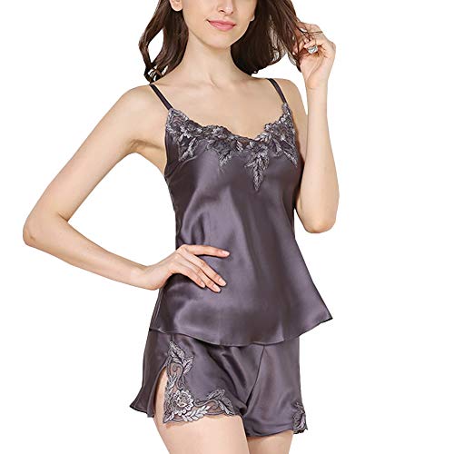 DISSA Damen Seide Nachtwäsche Nachthemd 100% Seide Bestickt Spaghetti Seidenkleid Ohne Arm T2106,Violett,M von DISSA