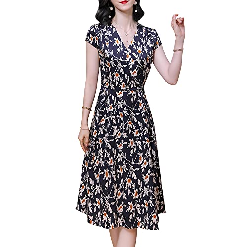 DISSA Damen Seidenkleid Falten A-Linie Kleid Drucken SeidenKleider V-Ausschnitt Kurzarm Knielänge Seiden Kleid,Blau,XXL,D2329 von DISSA