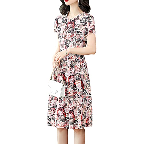 DISSA Damen Seidenkleid Falten A-Linie Kleid Drucken SeidenKleider V-Ausschnitt Kurzarm Knielänge Seiden Kleid,Rosa,XXL,D2267 von DISSA