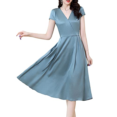 DISSA Damen Seidenkleid Falten A-Linie Kleid Einfarbig SeidenKleider V-Ausschnitt Kurzarm Knielänge Seiden Kleid,Blau,XXL,D2276 von DISSA