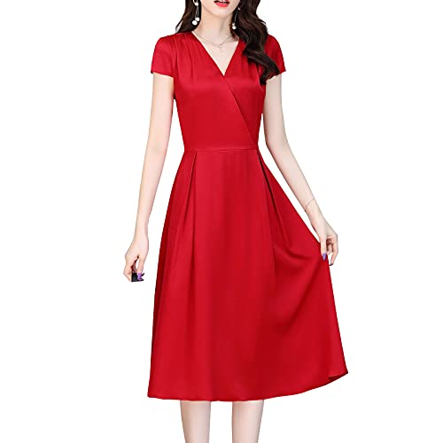 DISSA Damen Seidenkleid Falten A-Linie Kleid Einfarbig SeidenKleider V-Ausschnitt Kurzarm Knielänge Seiden Kleid,Rot,3XL,D2276 DISSA Damen Seidenkleid Falten A-Linie Kleid Einfarbig SeidenKleider V-Ausschnitt Kurzarm Knielänge Seiden Kleid,Rot,3XL,D2276 von DISSA