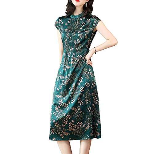 DISSA Damen Seidenkleid Kordelzug A-Linie Kleid Drucken SeidenKleider Stehkragen Kurzarm Langes Seiden Kleid,Grün,3XL,D6668 von DISSA