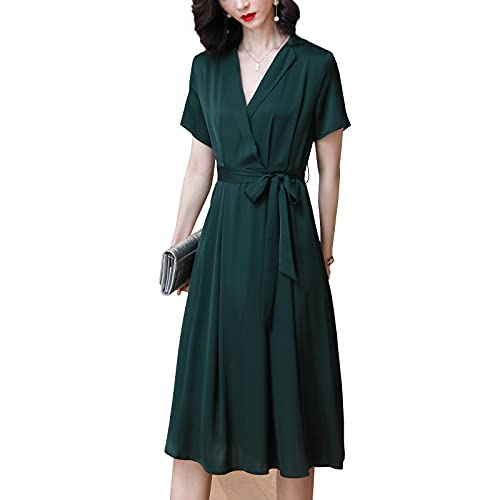 DISSA Damen Seidenkleid Kordelzug A-Linie Kleid Einfarbig SeidenKleider Revers Kurzarm Knielänge Seiden Kleid,Grün,3XL,D2321 von DISSA