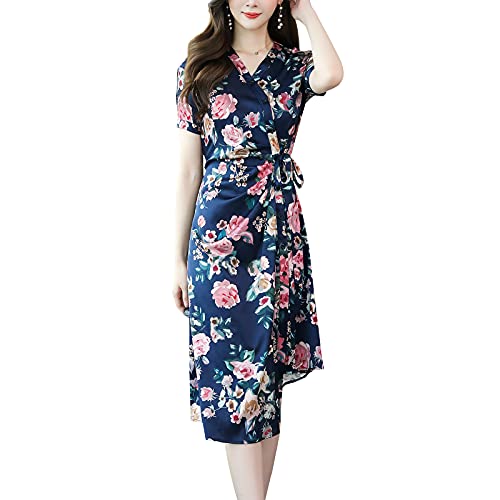 DISSA Damen Seidenkleid Kordelzug Irregulär Kleid Drucken SeidenKleider V-Ausschnitt Kurzarm Knielänge Seiden Kleid,Blau,3XL,D2283 von DISSA