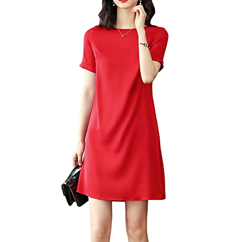 DISSA Damen Seidenkleid Party A-Linie Kleid Einfarbig SeidenKleider Rundhals Kurzarm Mini Seiden Kleid,Rot,XL,D2253 von DISSA