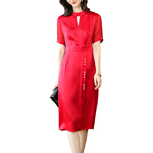 DISSA Damen Seidenkleid Schlank Enges Kleid Einfarbig SeidenKleider Stehkragen Kurzarm Knielänge Seiden Kleid,Rot,M,D6636 von DISSA