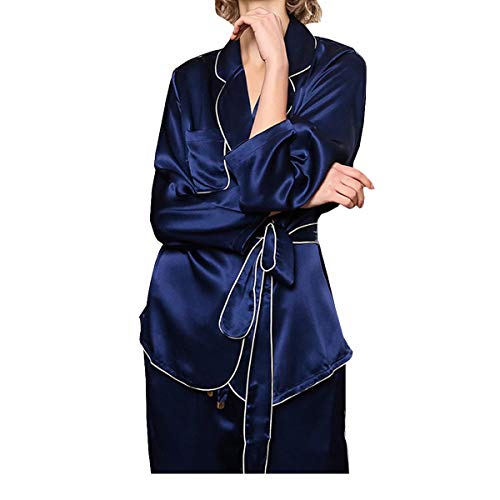 DISSA Damen Seidenpyjama Seiden Schlafanzug Nachtanzug klassischer Stil 100% Seide Nachtwäsche Langarm T8193,Blau,M von DISSA