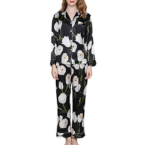 DISSA Damen Seidenpyjama Seiden Schlafanzug Nachtanzug mit Blumendruck 100% Seide Nachtwäsche Langarm T8127,Schwarz,L von DISSA