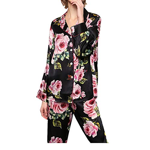 DISSA Damen Seidenpyjama Seiden Schlafanzug Nachtanzug mit Blumendruck 100% Seide Nachtwäsche Langarm T8189,Schwarz,M von DISSA