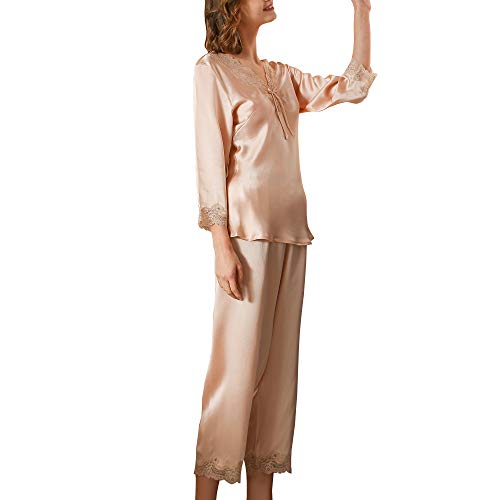 DISSA Damen Seidenpyjama Seiden Schlafanzug Nachtanzug mit Spitze 100% Seide Nachtwäsche Langarm T8228,Beige,L von DISSA